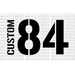 Name and Number sticker with Stencil style fonts. 